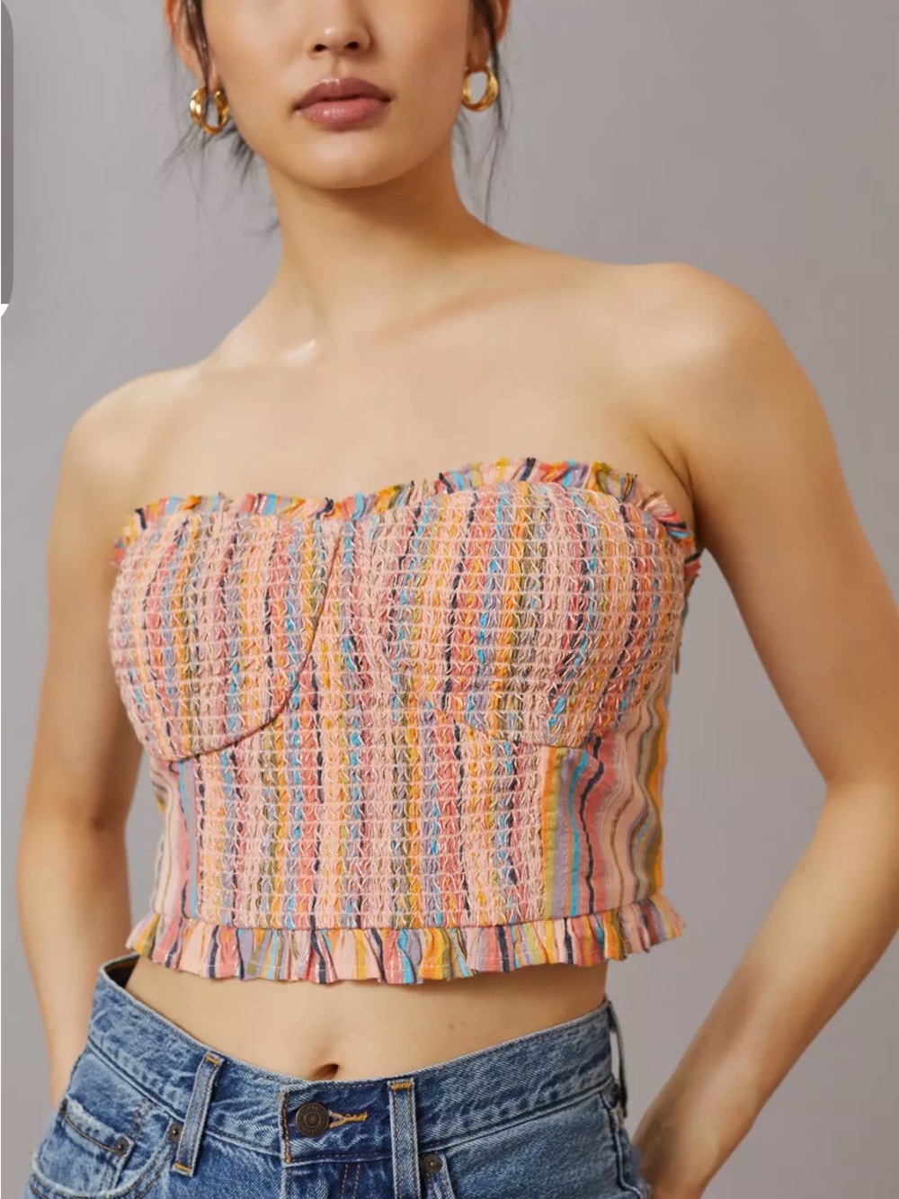 Pilcro Anthropologie Rainbow Smocked Tube Top Strapless Crop Ruffle Blouse Sz S